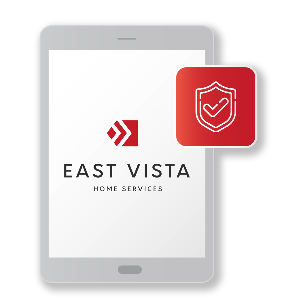 Tablet displaying East Vista Home Service logo