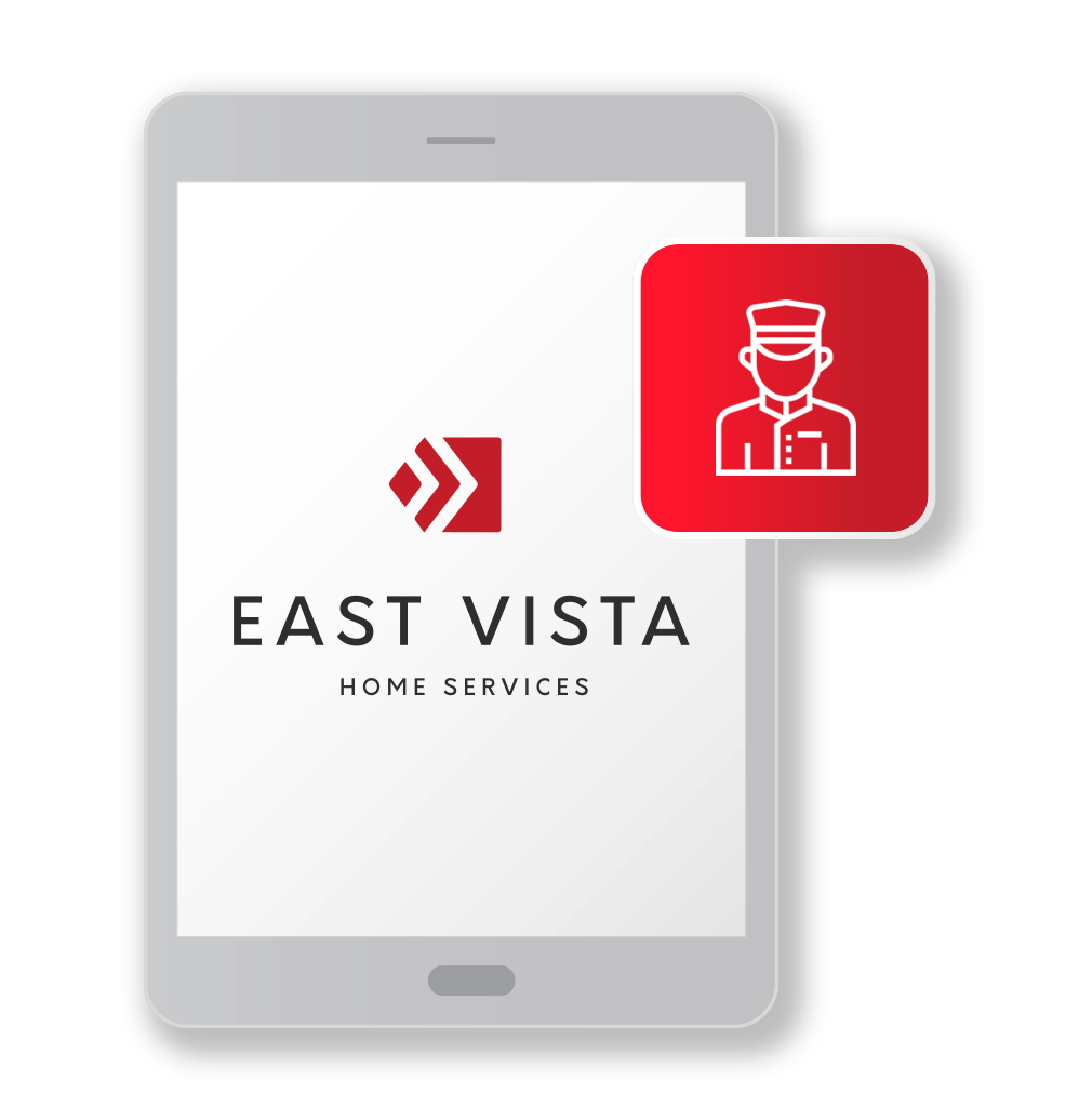 Tablet displaying East Vista Home Services logo